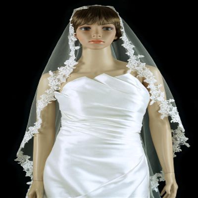 Bridal Mantilla Veil Ivory 1 Tier Long Cathedral Length With Simple Lace Edge