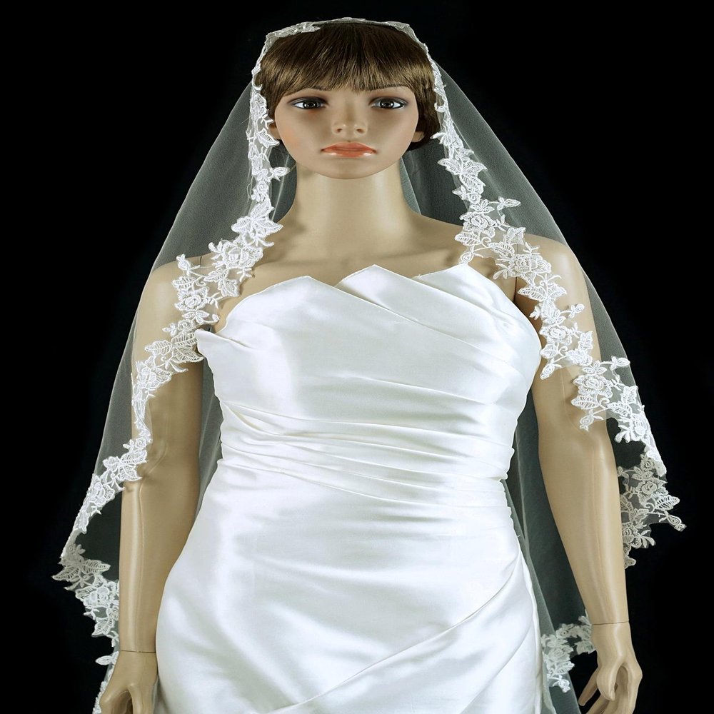 Bridal Mantilla Veil Ivory 1 Tier Long Cathedral Length With Simple Lace Edge