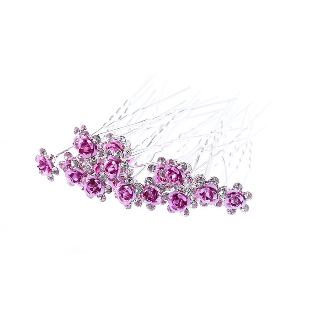 20pcs Rhinestone Rose Flower Hair Bobby Pin Crystal Bride Wedding Metal Hair Clip Decoration U Shape Jewelry Headpiece Accessories, Pink