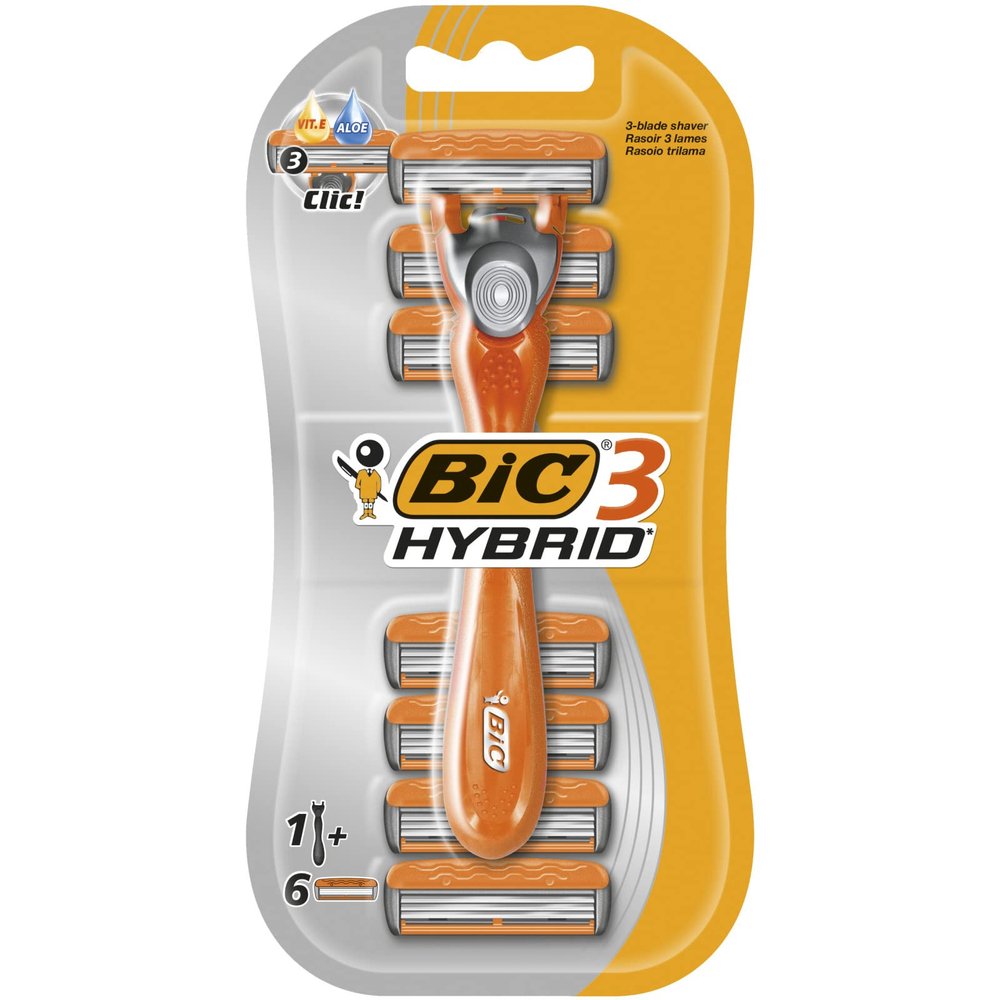 Bic 3 Hybrid Men's Triple-Blade Razors, Pack with 1 Handle + 6 Refills - Lubricating Strip with 3 Blades and Pivoting Head for a Smooth, Precise Shave