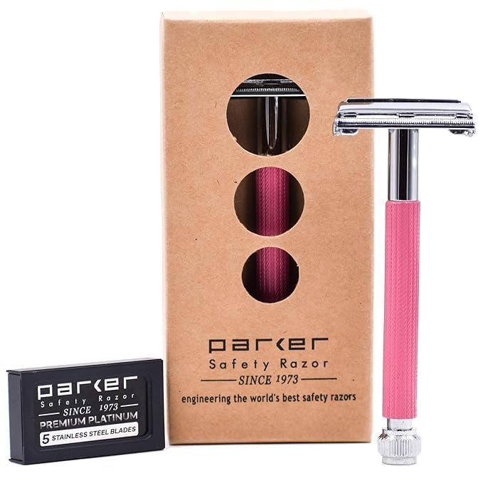 Parker 29L Pink, Long Handle Butterfly Open Double Edge Safety Razor for Women, 5 Parker Premium Platinum Double Edge Razor Blades Included