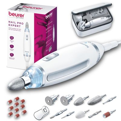Beurer MP62 Professional Nail Drill Kit, Portable Electric File Machine with 10 Attachments & 10 Sanding Bands, Efile Dremel for Acrylic Gel Manicure and Pedicure, LED Light, with Storage Case