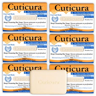 Cuticura Deep Cleansing Face and Body Soap, Dry Skin Formula Deep Cleansing Bar Soap for Blemish-Prone Skin 3 oz (Pack of 6)