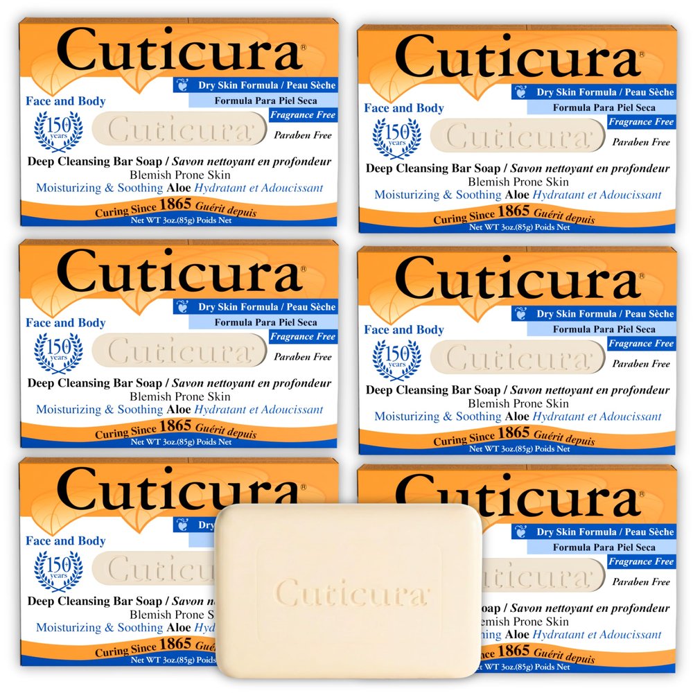 Cuticura Deep Cleansing Face and Body Soap, Dry Skin Formula  Deep Cleansing Bar Soap for Blemish-Prone Skin 3 oz (Pack of 6)
