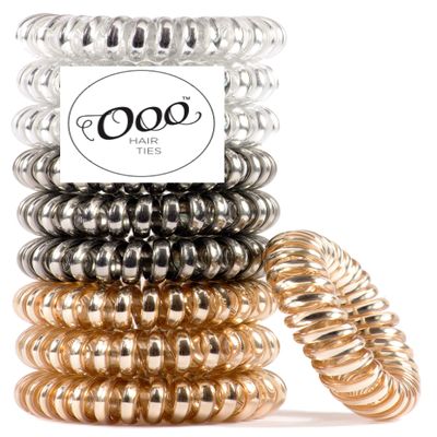 10 pack Painless PATENTED OOO Hair Ties. Ponytail holder spiral coil traceless hair bands. For all types of hair. LARGE SIZE (Metallics)