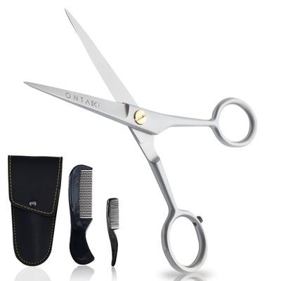 Ontaki German Steel Beard Scissors - 5-Inch, Silver, 1 Count - Beard Grooming Shears & Mustache Trimming Kit with Comb & Pouch, Airplane Friendly, Hand-Forged 410C Steel, Finger Rest