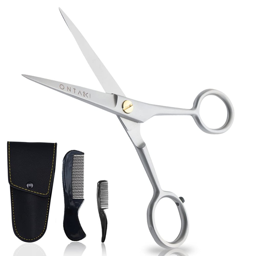 Ontaki German Steel Beard Scissors - 5-Inch, Silver, 1 Count - Beard Grooming Shears & Mustache Trimming Kit with Comb & Pouch, Airplane Friendly, Hand-Forged 410C Steel, Finger Rest