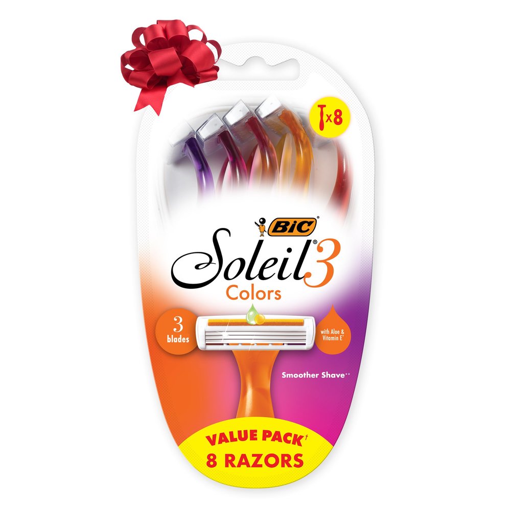 BIC Soleil 3 Colors Women's Disposable 3 Blade Razors, Aloe Vera & Vitamin E Lubricating Strip, Colorful Stocking Stuffers, 8-Pack