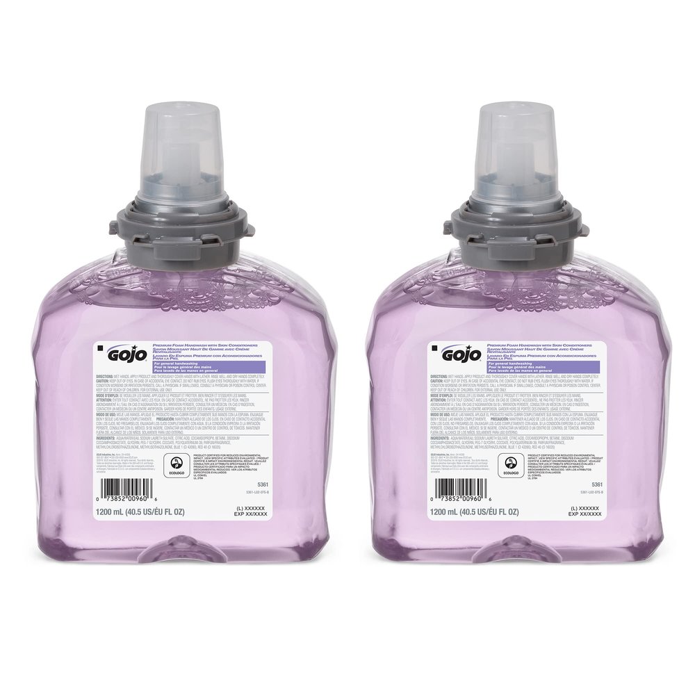 GOJO Premium Foam Handwash with Skin Conditioners, Cranberry Scent, EcoLogo Certified, 1200 mL Foam Hand Soap Refill TFX Touch-Free Dispenser (Pack of 2) 5361-02