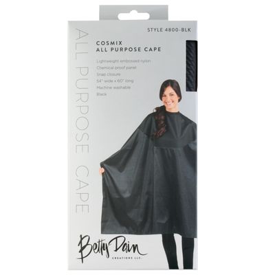 Betty Dain Signature Cosmix Coloring/Styling Cape with Chemical-Proof Panel, Lightweight, Chemical Resistant Fabric, Embossed Pattern, Snap Closure at Neck, Generous 54 x 60 Inch Size, Black