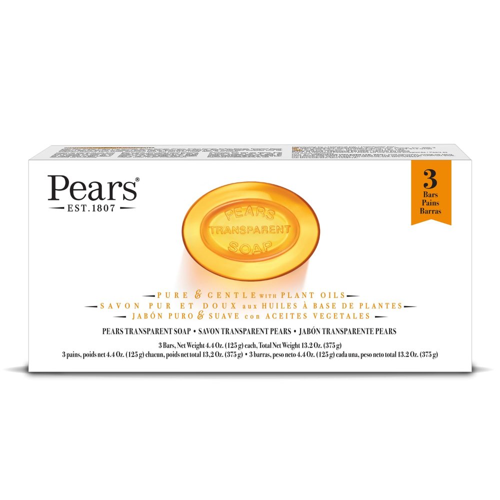 Pears Glycerin Soap, Transparent Amber Value Pack  Pure & Gentle Cleanser with Natural Oils, 3 Bars, 4.4 Oz Ea