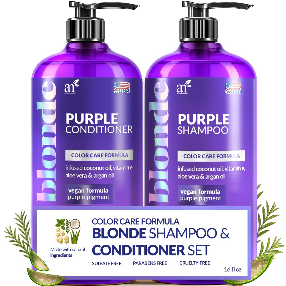artnaturals Purple Shampoo and Conditioner Set (2 x 16 Fl Oz / 473ml) Protects, Balances and Tones Bleached, Color Treated, Silver, Brassy and Blonde Hair - Sulfate Free