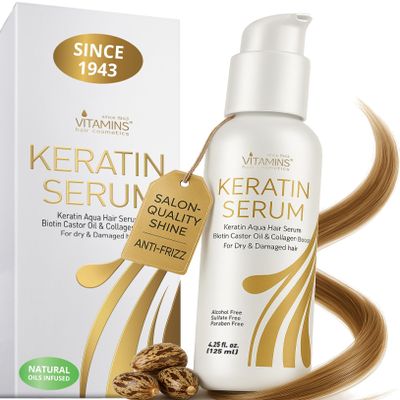 VITAMINS hair cosmetics Keratin Hair Serum for Frizzy and Damaged Hair - Anti Frizz Serum with Biotin, Castor Oil & Collagen for Heat Protection, Shine and Gloss Treatment - 4.25 Fl Oz