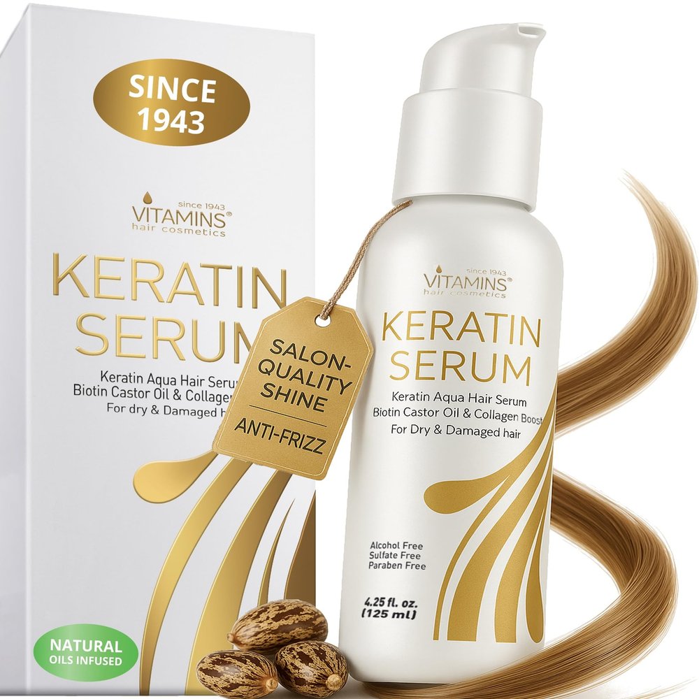 VITAMINS hair cosmetics Keratin Hair Serum for Frizzy and Damaged Hair - Anti Frizz Serum with Biotin, Castor Oil & Collagen for Heat Protection, Shine and Gloss Treatment - 4.25 Fl Oz