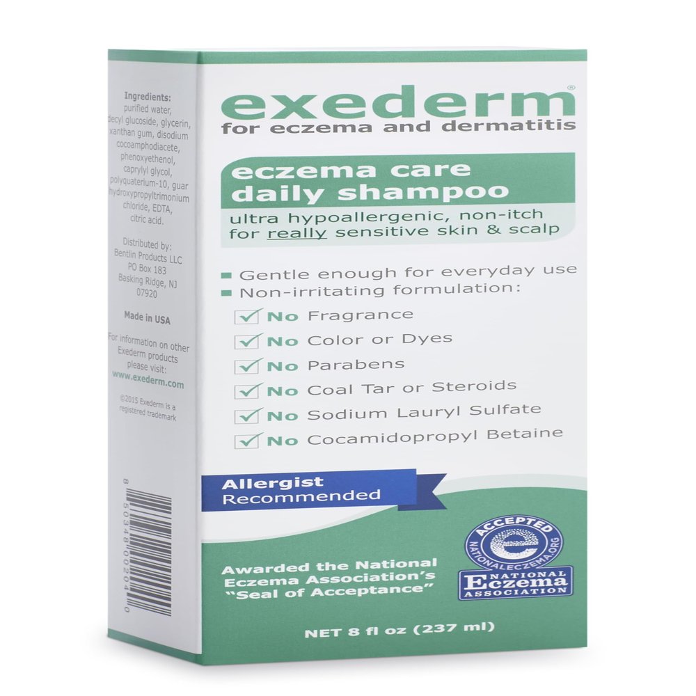 Exederm Shampoo for Eczema & Seborrheic Dermatitis, 8 Fl Oz, Ultra Sensitive Non-Irritating Formula, Daily Hair Care for Dry, Irritated, Flaky and Itchy Scalp, Hypoallergenic, Paraben & Sulfate Free