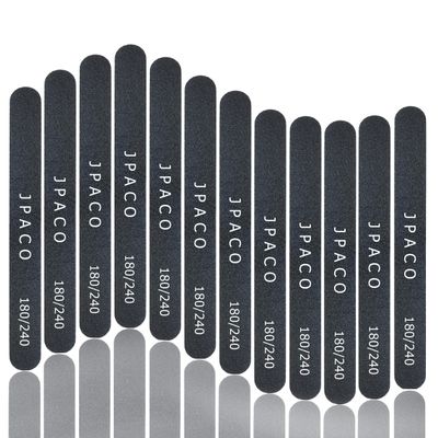 12-Pack Professional Nail Files: Double-Sided Emery Boards for Natural, Acrylic, Poly, and Gel Nails  Washable Black Manicure Tools Set by JPACO (180/240 Grit)