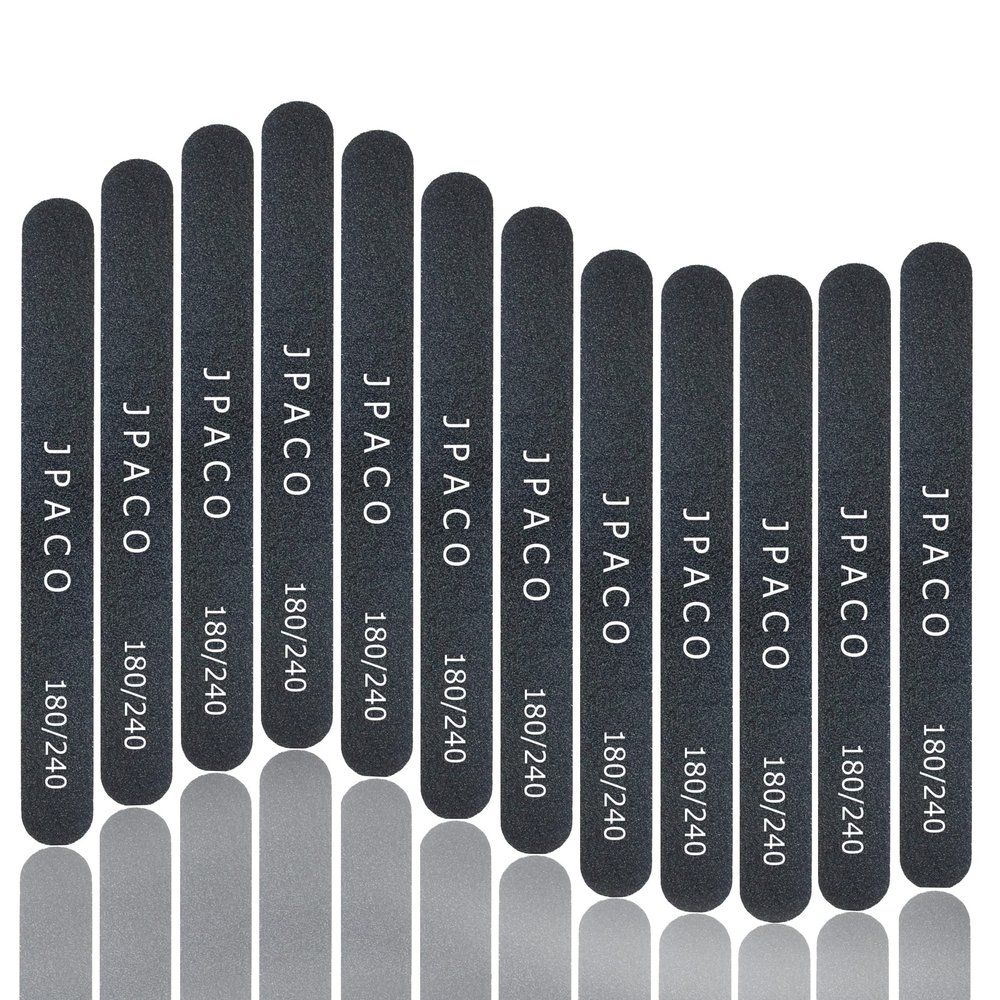 12-Pack Professional Nail Files: Double-Sided Emery Boards for Natural, Acrylic, Poly, and Gel Nails Washable Black Manicure Tools Set by JPACO (180/240 Grit)