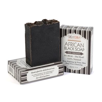 Shea Terra Organics Authentic African Black Soap Bar| Non Toxic All Natural Black Soap Full Body Wash that Cleanse, Refine, Firm Skin, Remove Acne and Wrinkles, and Manage Psoriasis and Eczema 4 oz