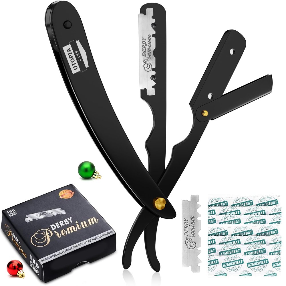Utopia Care Professional Straight Razor for Men, Barber Straight Edge Razor Safety with 100 Pack Blades, Black