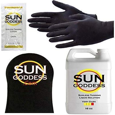 Sun Goddess - VERY DARK - 16 oz - Spray Tan Solution - BEST COMBO DEAL: Sunless Self Spray Tan liquid Solution Best Sunless Self Spray Tanning Mitt