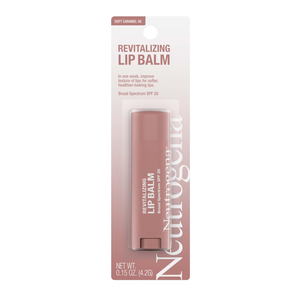 Neutrogena Revitalizing Tinted Lip Balm Broad Spectrum SPF 20 Sunscreen, Moisturizing Lip Balm with a Sheer Tint for Softer, Smoother, Healthier-Looking Lips, Sheer Soft Caramel 50, .15 oz