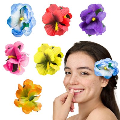 Super Z Outlet Hula Girl Hibiscus Color Assorted Flower Island Theme Hair Clips Event Decoration Supplies (12 Pack)