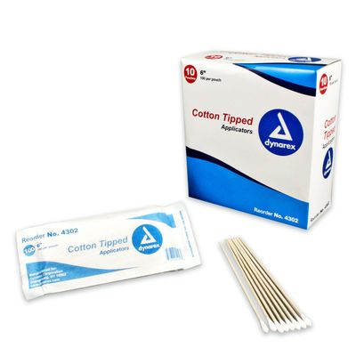 Dynarex Cotton Tipped Wood Applicators Non-sterile 6", 100 Count, Pack of 10