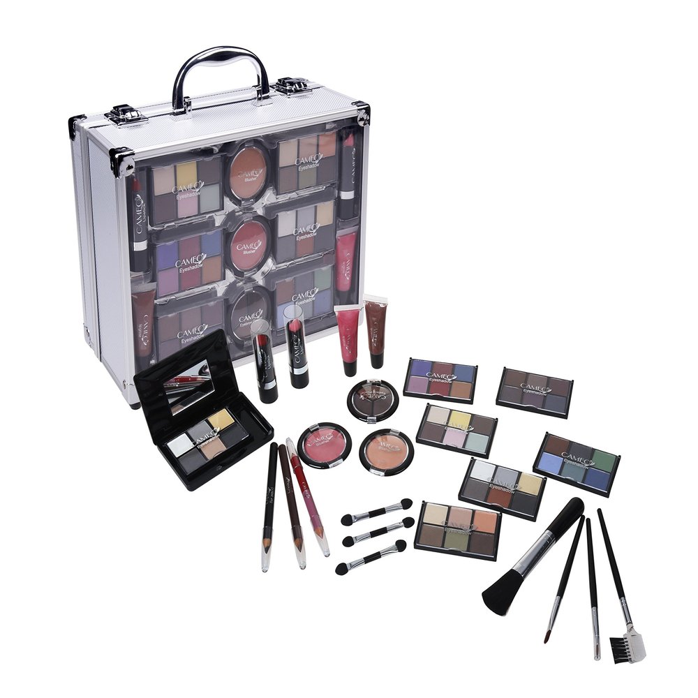 Cameo Carry All Trunk Makeup Kit with Reusable Aluminum Case Exclusive Holiday Gift Set, Black/White