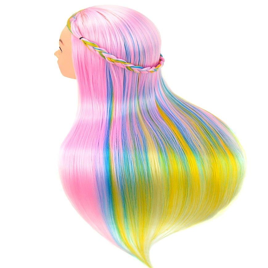 PERFEHAIR Cosmetology Mannequin Manikin Heads with Hair, Colorful Mannequin Practice Dolls Head- Synthetic Hair (Pink Series)
