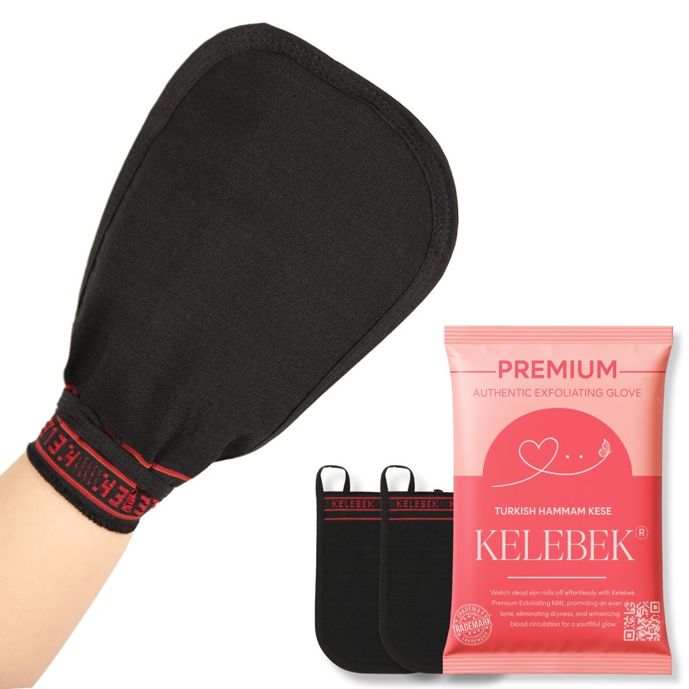 Set of 2 - Kelebek Premium Exfoliating Mitt | Deep Cleansing Bath Gloves for Women and Man | Natural Turkish Hammam Keesa for Body Scrub & Dead Skin Removal (Coarse-Textured)