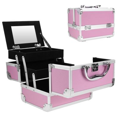Binxin Professional Mini Makeup Train Case - Cosmetic Box with Adjustable Dividers - 3 Extendable Trays Aluminum Make Up Artist Organizer Kit With Mirror(L8 x W6)