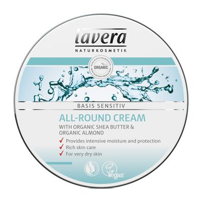 lavera Basis Sensitive All Purpose Cream - Body Cream with Aloe Vera & Almond Oil - Intensive Care for Dry Skin - Moisturizing Face Cream - PETA Certified - Vegan - Made in Germany - 5.1 Fl Oz