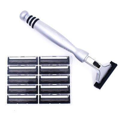 Taconic AllMetal Heavyweight Chrome Razor Gillette Atra-Compatible Twin Blade Handle with 10 Pivot Plus Personna Blades, Ergonomic Grip, Durable Design