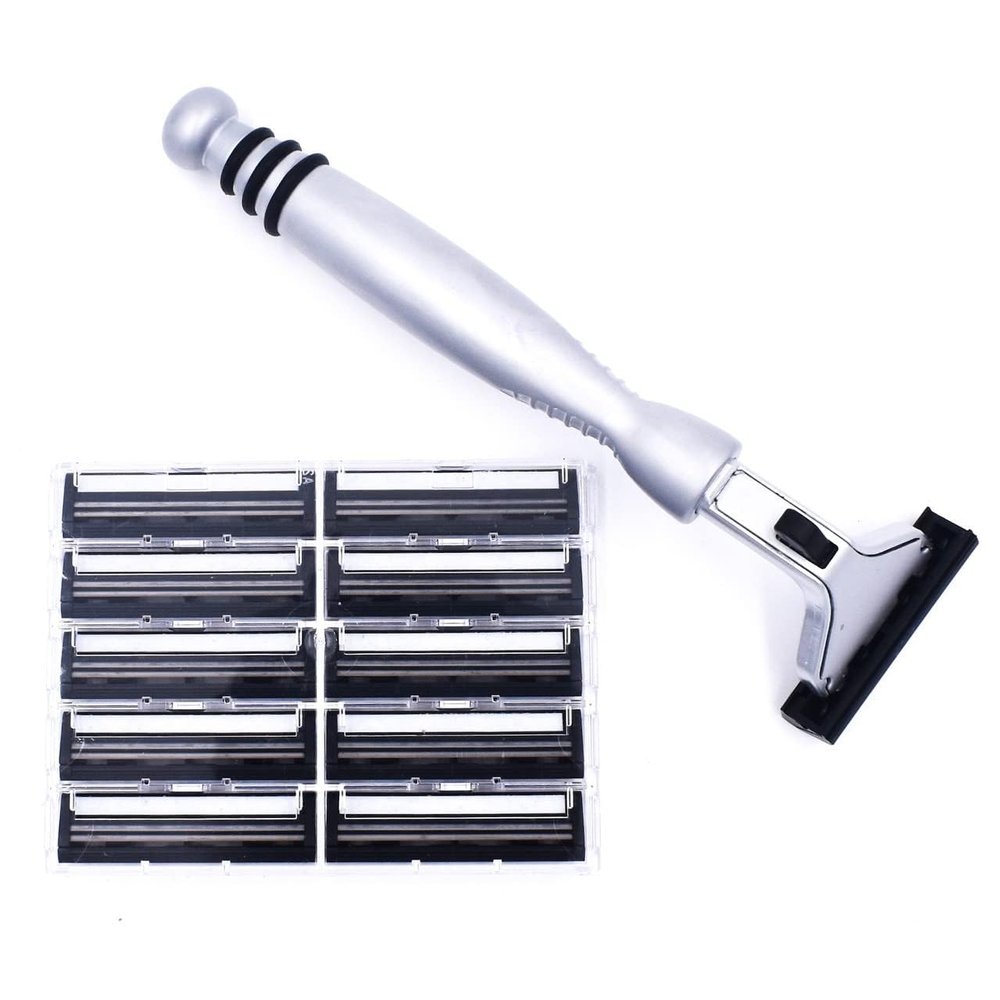 Taconic AllMetal Heavyweight Chrome Razor Gillette Atra-Compatible Twin Blade Handle with 10 Pivot Plus Personna Blades, Ergonomic Grip, Durable Design
