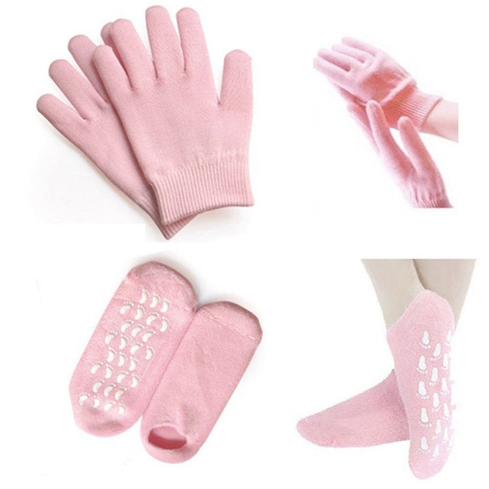 AnHuaMoisturizing Silicone Gel Gloves & Gel Socks Beauty Spa Moisturizing Skin Care Soften Repair Cracked Therapy Treatment (Pink)