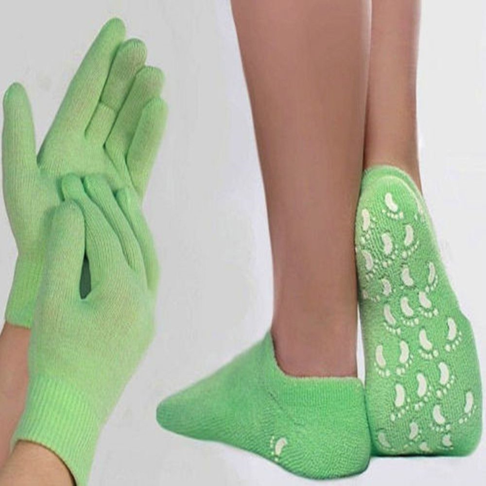 AnHuaMoisturizing Silicone Gel Gloves & Gel Socks Beauty Spa Moisturizing Skin Care Soften Repair Cracked Therapy Treatment (Green)
