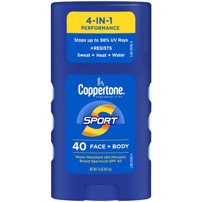 Coppertone Sport Sunscreen Stick SPF 40, Stick Sunscreen for Face and Body, Water Resistant, Travel Size, 1.5 Oz