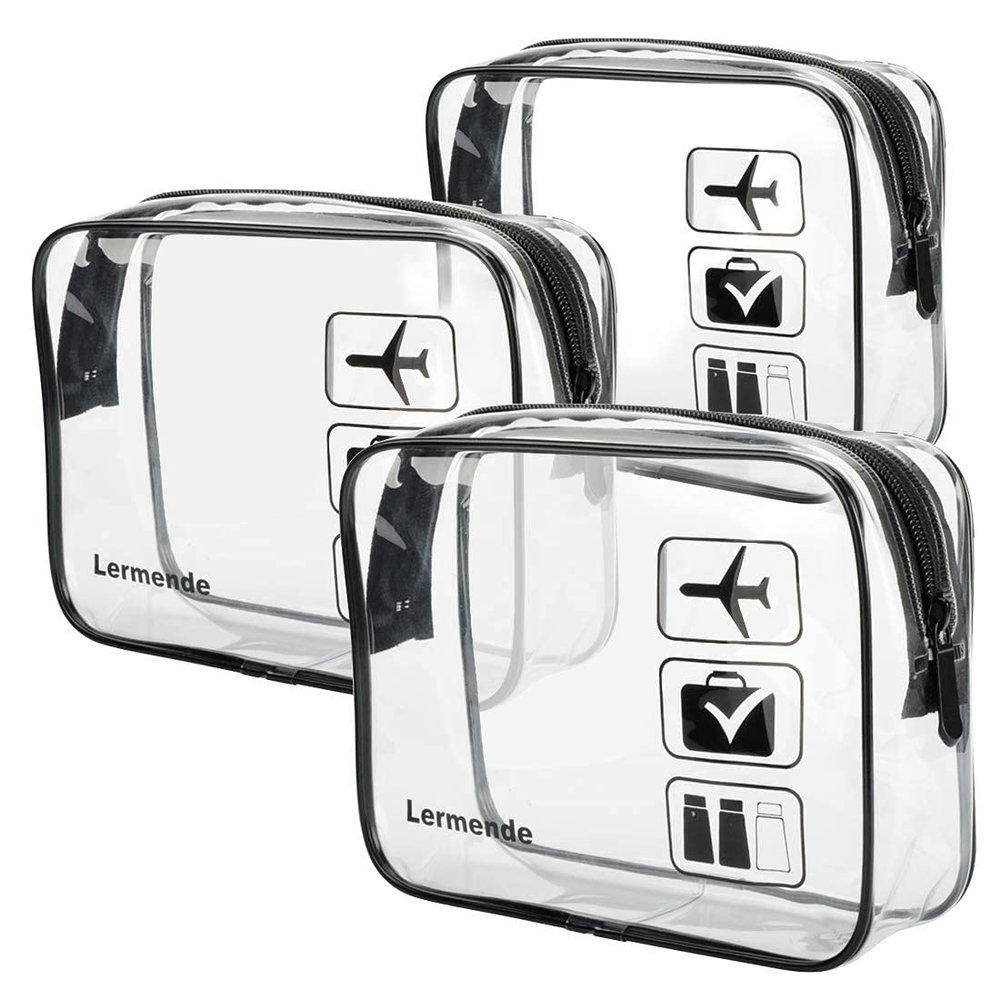 Lermende 2pcs Clear Toiletry Bag TSA Approved Travel Bag,Carry On for Travel,Airport Airline Accessories Compliant Bag,Quart Sized Makeup Cosmetic bag Women Men (Black, 3 Pack)