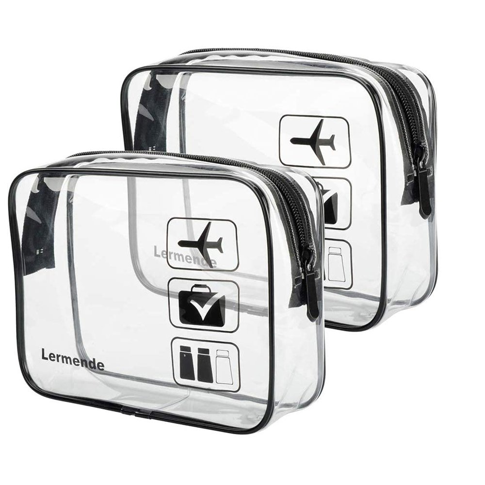 Lermende 2pcs Clear Toiletry Bag TSA Approved Travel Bag,Carry On for Travel,Airport Airline Accessories Compliant Bag,Quart Sized Makeup Cosmetic bag Women Men (Black, 2 Pack)