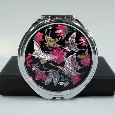 Mother of Pearl Art Deco Engraved Compact Pocket Mirror with Peony and Butterfly Design