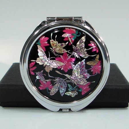Mother of Pearl Art Deco Engraved Compact Pocket Mirror with Peony and Butterfly Design
