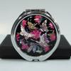 Mother of Pearl Art Deco Engraved Compact Pocket Mirror with Peony and Butterfly Design view 1