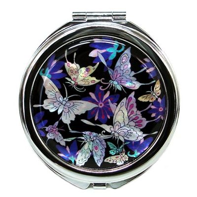 Mother of Pearl Design 2-Sided 2X/1X Magnification Compact Mirror, Pocket Travel Makeup Mirror, Small Metal Portable Handheld Cosmetic Mirror for Purses, Gift for Mom Women (Blue Butterfly)