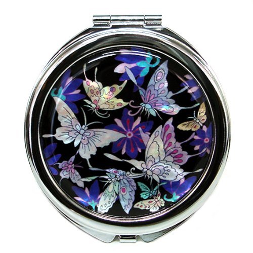 Mother of Pearl Design 2-Sided 2X/1X Magnification Compact Mirror, Pocket Travel Makeup Mirror, Small Metal Portable Handheld Cosmetic Mirror for Purses, Gift for Mom Women (Blue Butterfly)