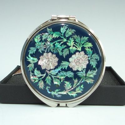 Antique Alive Mother of Pearl Peony Flower Design Blue Double Compact Magnifying Purse Mirror