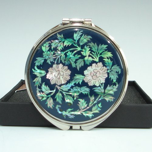 Antique Alive Mother of Pearl Peony Flower Design Blue Double Compact Magnifying Purse Mirror