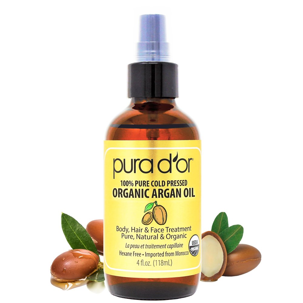 PURA D'OR 4 Oz Organic Moroccan Argan Oil  100% Pure Cold-Pressed Virgin Grade  Lightweight Moisturizer for Skin, Face, Body & Hair  Helps Dry Skin, Scalp Care, Split Ends, Nails & Cuticles