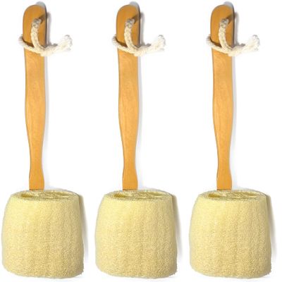 3 Pack Natural Exfoliating Loofah luffa loofa Bath Brush On a Stick - with Long Wooden Handle Back Brush for Men & Women - Shower Sponge Body Back Scrubber