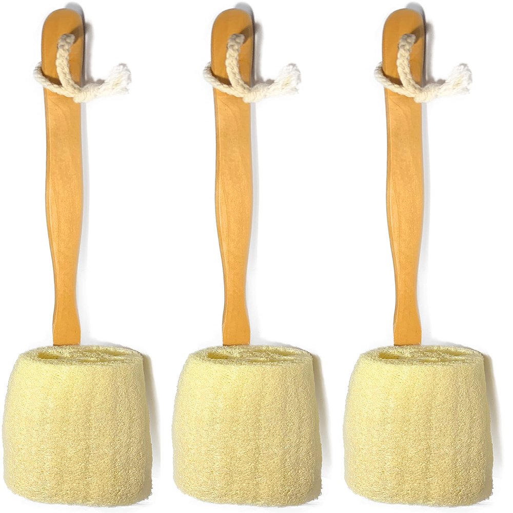 3 Pack Natural Exfoliating Loofah luffa loofa Bath Brush On a Stick - with Long Wooden Handle Back Brush for Men & Women - Shower Sponge Body Back Scrubber