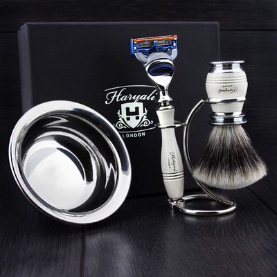 Haryali London 4 Pc Mens Shaving Kit 5 Edge Razor With Silver Tip Badger Hair Shaving Brush, Stand and Stainless Steel Bowl Perfect Set For Men